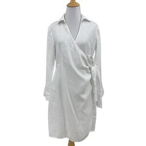 Saks Fifth Avenue Shirt Dress Womens S Small White Linen Faux Wrap Spread Collar